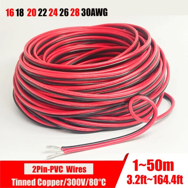 2-pin red and black PVC or silicone extension cable 28awg 26awg 24awg 22awg 20awg 18awg 16awg Tinned copper domestic wire