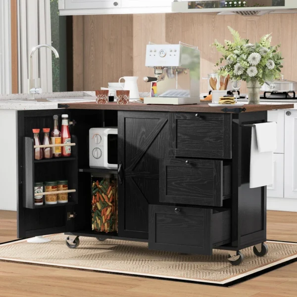 54.5" Farmhouse Kitchen Island with Power Outlet, Kitchen Storage Island with Internal Storage Rack, Drop Leaf, Spice Rack
