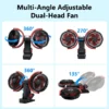 Eary Car Clip Dual Head Fan Mount for Visor 4000mAh USB Rechargeable Summer Back Seat Headrest Cooling Fans 360° Rotate 3 Speed