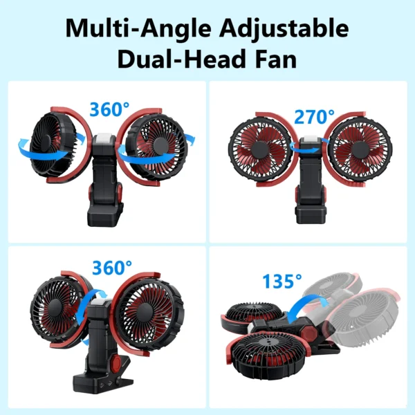 Eary Car Clip Dual Head Fan Mount for Visor 4000mAh USB Rechargeable Summer Back Seat Headrest Cooling Fans 360° Rotate 3 Speed