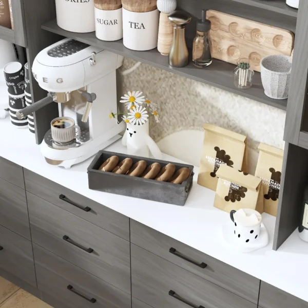 94.5" W Kitchen Pantry with Countertop, 12 Drawers & 4 Glass Doors, Modern Wooden Cupboard Storage Cabinet with 6 Hidden Shelve