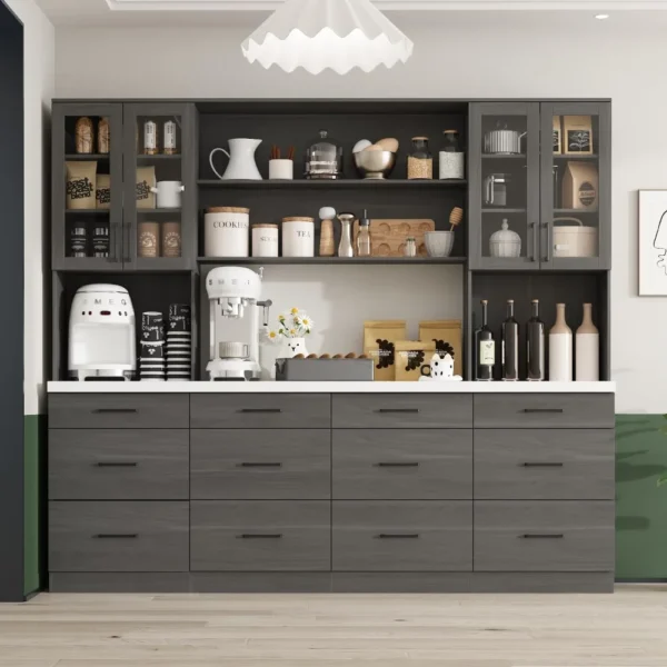 94.5" W Kitchen Pantry with Countertop, 12 Drawers & 4 Glass Doors, Modern Wooden Cupboard Storage Cabinet with 6 Hidden Shelve