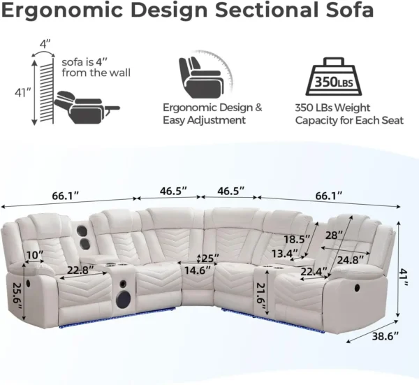 Electric Power Recliner Sectional Sofa With Bass Speakers & LED Lights – Faux Leather L-Shaped Corner Couches For Living Room
