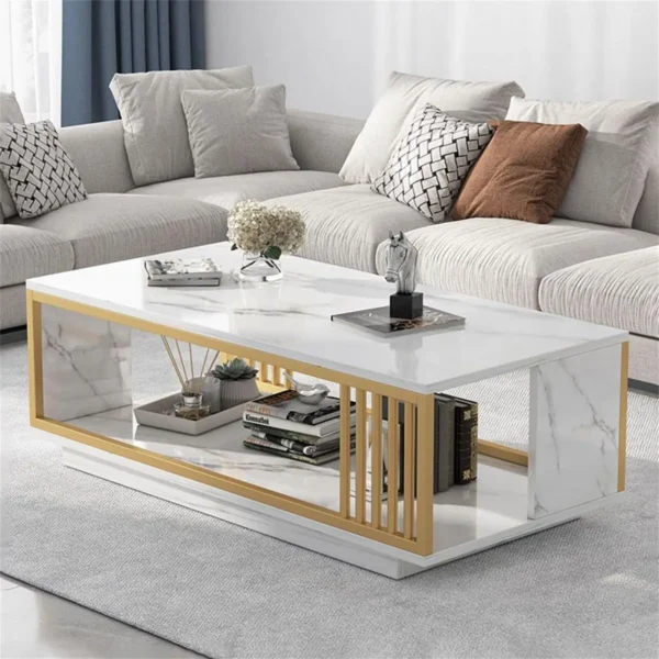 White Faux Marble Coffee Table 2 Tier Center TV Table Cocktail Table Sofa End Table with Gold Frame for Living Room