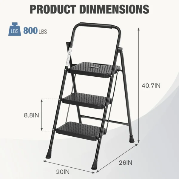 JHK Folding 2/3 Step Ladder Stool with Anti-Slip Pedal 800lbs Capacity Sturdy Steel Portable Cushioned Handle for Kitchen Home