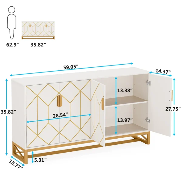 Tribesigns 59" White Gold Buffet Cabinet with Storage Kitchen Sideboard Storage Cabinet