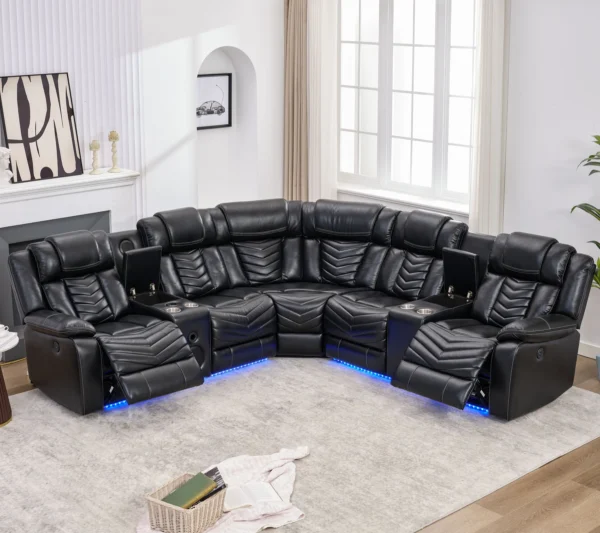 Electric Power Recliner Sectional Sofa With Bass Speakers & LED Lights – Faux Leather L-Shaped Corner Couches For Living Room