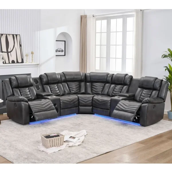 Electric Power Recliner Sectional Sofa With Bass Speakers & LED Lights – Faux Leather L-Shaped Corner Couches For Living Room