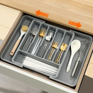 Expandable Kitchen Drawer Organizer - Adjustable Retractable Cutlery Storage Box with Dividers for Utensils, Home Organization