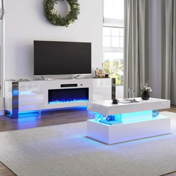 3-Piece Modern Living Room Table Sets, 80" Modern LED TV Stand with 40" Electric Fireplace, High Gloss Coffee Tables for Living
