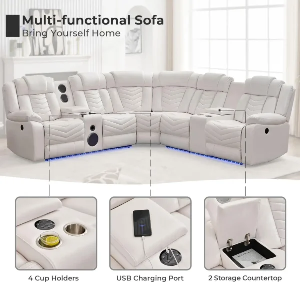 Electric Power Recliner Sectional Sofa With Bass Speakers & LED Lights – Faux Leather L-Shaped Corner Couches For Living Room
