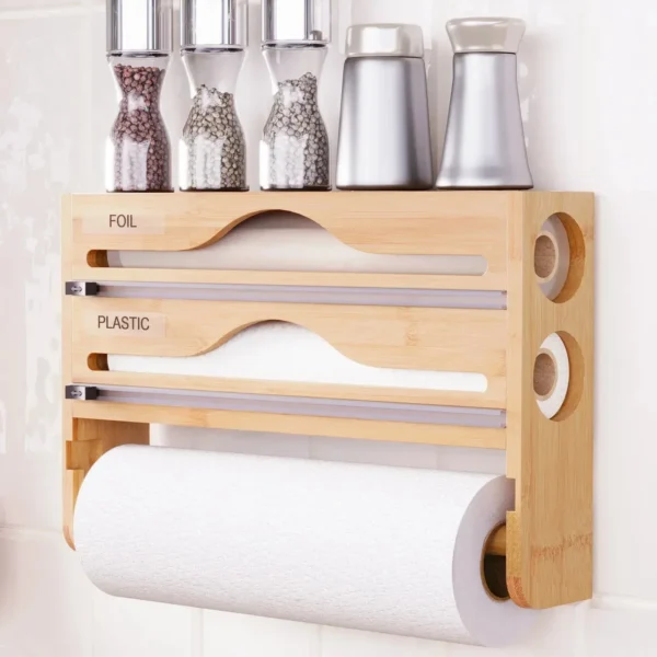 Kitchen Bamboo Compartment Cling Film Tin Foil Cutter Box Kitchen Paper Wall Mounted Paper Towel Kitchen Organizer Accessories