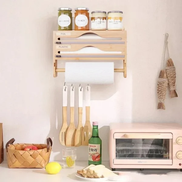 Kitchen Bamboo Compartment Cling Film Tin Foil Cutter Box Kitchen Paper Wall Mounted Paper Towel Kitchen Organizer Accessories