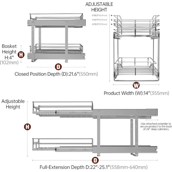 2-Tier Cabinet Pull Out Shelves (14" W x 22" D), Slide Out Shelves for Kitchen Cabinets, Metal Under Cabinet Roll Out Shelf
