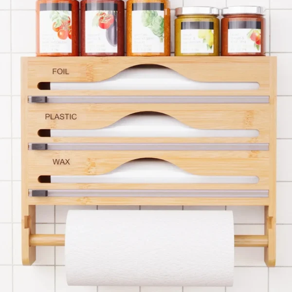 Kitchen Bamboo Compartment Cling Film Tin Foil Cutter Box Kitchen Paper Wall Mounted Paper Towel Kitchen Organizer Accessories