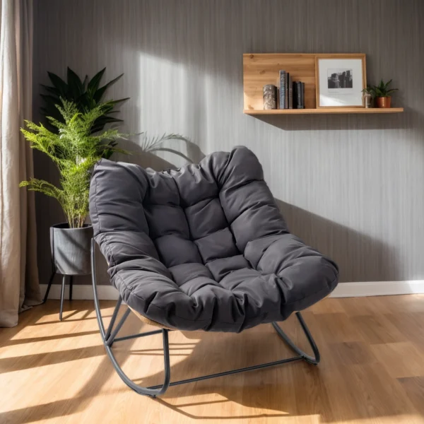 Outdoor Patio Rocking Chair, Oversized Papasan Chair with Cushion and Frame,for Front Porch Living Room Bedroom (Dark Grey)