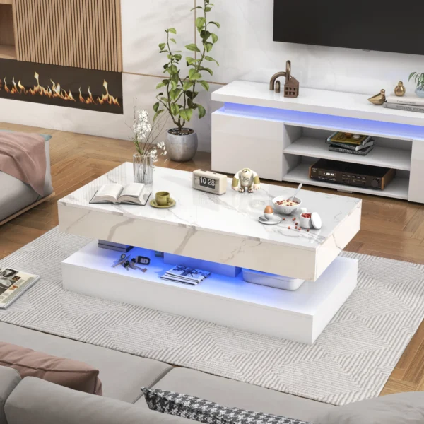 Modern Stylish Coffee Table with LED lights, Double-Layer Design for Living Room Coffee Table with 2 Storage Drawers