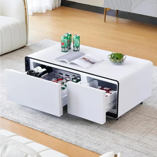 Smart Coffee Table with Fridge, 90L Smart Table with Built in Fridge, Wireless Charger, USB Port, for Living Room Reception Room
