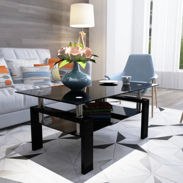 Rectangle Black Glass Coffee Table, Clear Coffee Table，Modern Side Center Tables for Living Room， Living Room Furniture