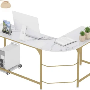 Reversible L Shaped Desk White - 66.1" Corner Gaming Computer Desk, Office Workstation Modern Home Study Writing Table, Marble G