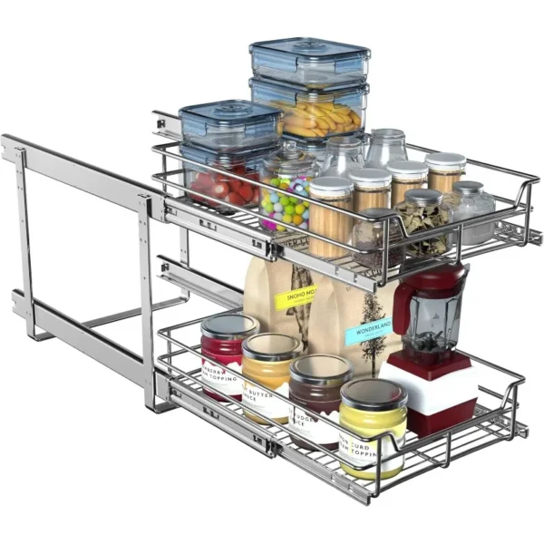 2-Tier Cabinet Pull Out Shelves (14" W x 22" D), Slide Out Shelves for Kitchen Cabinets, Metal Under Cabinet Roll Out Shelf