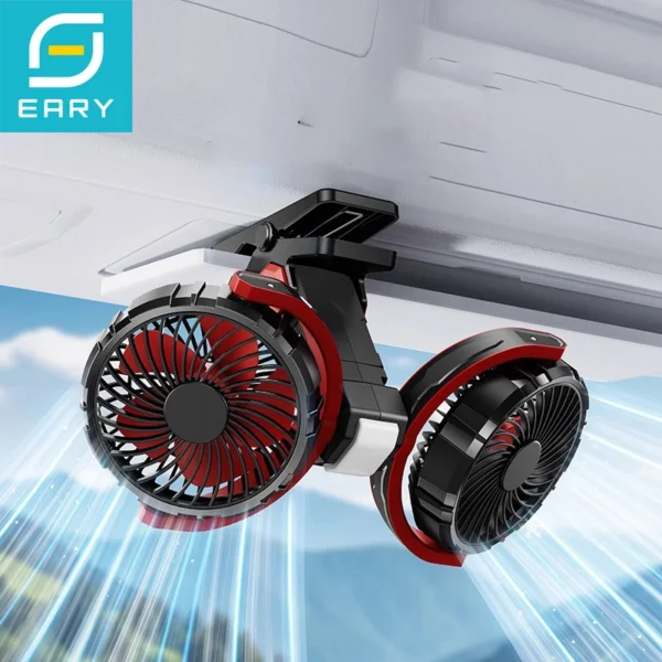 Eary Car Clip Dual Head Fan Mount for Visor 4000mAh USB Rechargeable Summer Back Seat Headrest Cooling Fans 360° Rotate 3 Speed