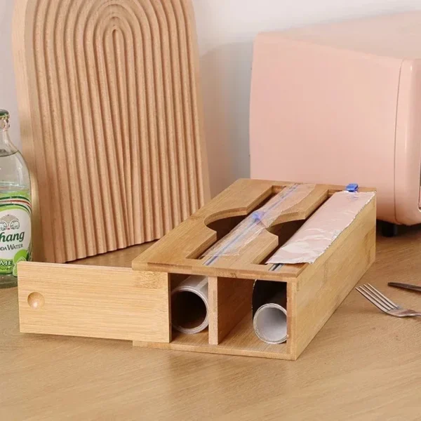 Kitchen Bamboo Compartment Cling Film Tin Foil Cutter Box Kitchen Paper Wall Mounted Paper Towel Kitchen Organizer Accessories