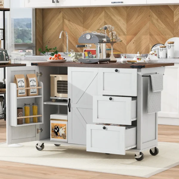 54.5" Farmhouse Kitchen Island with Power Outlet, Kitchen Storage Island with Internal Storage Rack, Drop Leaf, Spice Rack